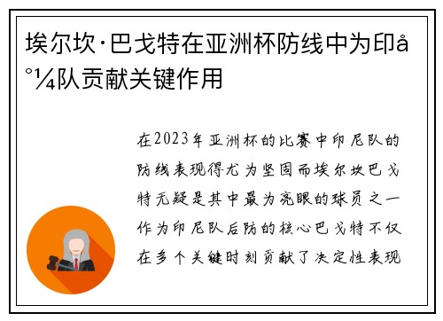 埃尔坎·巴戈特在亚洲杯防线中为印尼队贡献关键作用