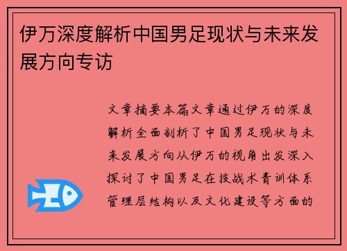 伊万深度解析中国男足现状与未来发展方向专访
